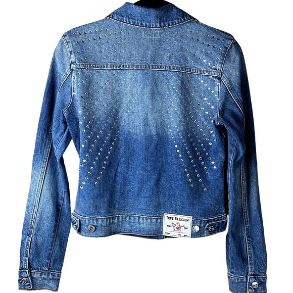 True Religion NWT Trucker Denim Jean Jacket Women Sz Small Petite Crystals - Picture 2 of 11
